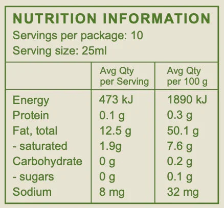 Nutrition label showing energy, protein, fat, carbs, sugars, sodium per 25ml serving for organic ready meal