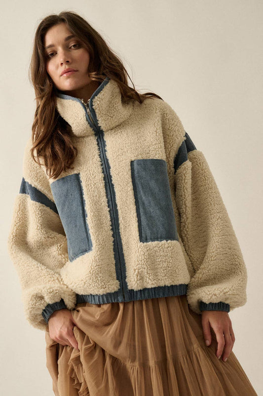 Sherpa Fleece and Denim Zip-Up Pocket Jacket