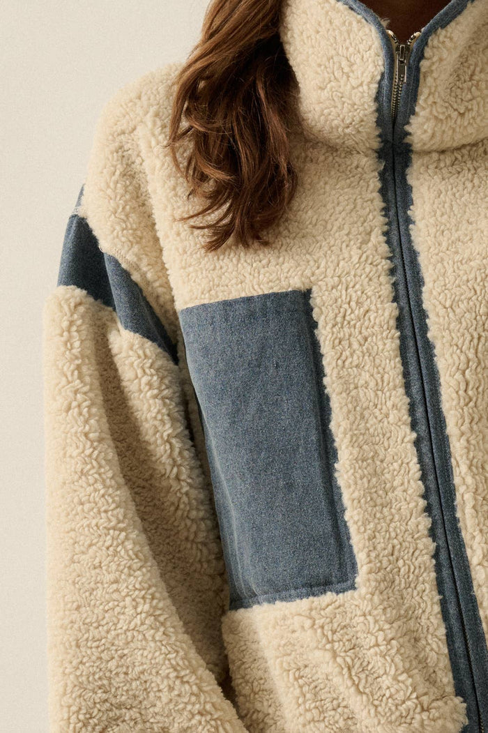 Sherpa Fleece and Denim Zip-Up Pocket Jacket
