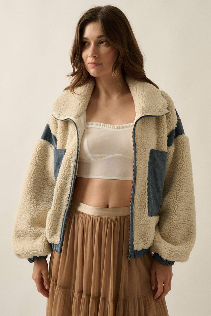 Sherpa Fleece and Denim Zip-Up Pocket Jacket