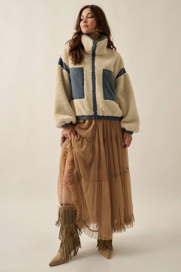 Sherpa Fleece and Denim Zip-Up Pocket Jacket