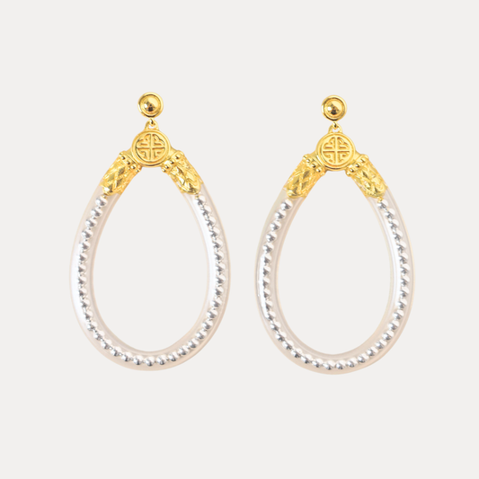 a pair of earrings with gold accents