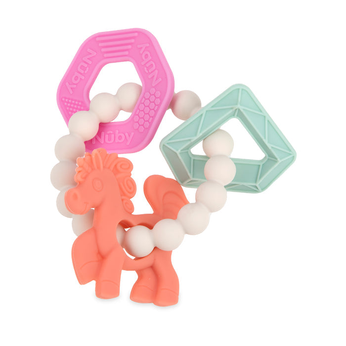 The Nuby Soft Silicone Chewy Charms Teething Ring features a coral unicorn, white beads, and pastel pink and mint green geometric shapes linked together to provide soothing relief for teething babies.