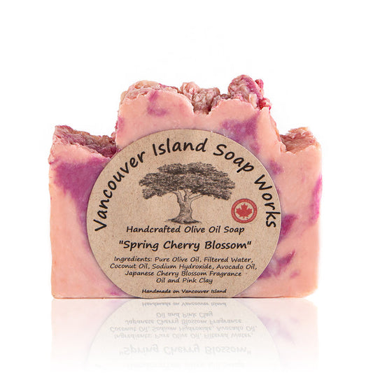 This pleasantly pink soap is spring in a bar. The light, sweet and refreshing aroma is a tribute to the cherry blossoms that come alive in Victoria, BC every spring. Handmade, natural, vegan, olive oil soap. Made on Vancouver Island in BC, Canada.