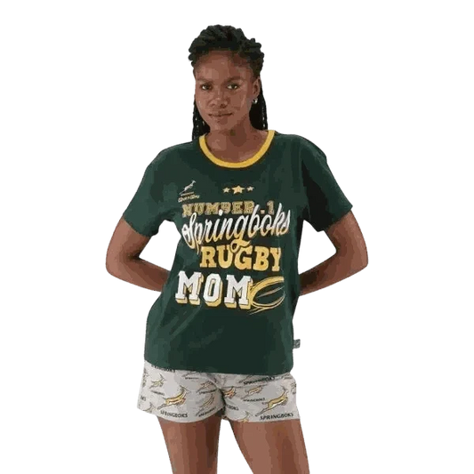 Springbok Rugby Mom women's pajama set with green short-sleeve top and grey shorts, 100% cotton, X-Large