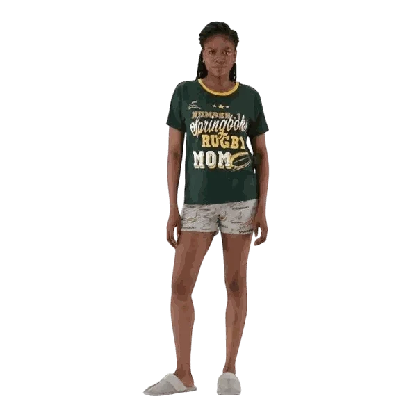 Springbok Pajamas women’s rugby mom set with green short sleeve top and grey shorts in X-Large size