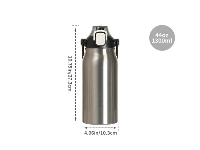 Sublimation Blanks 44oz/1300ml Stainless Steel Travel Bottle w/ Black Portable Straw Lid & Handle(Silver)
