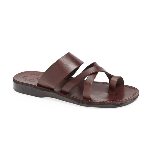 The Good Shepherd brown, handmade leather slide sandals with toe loop - Front View