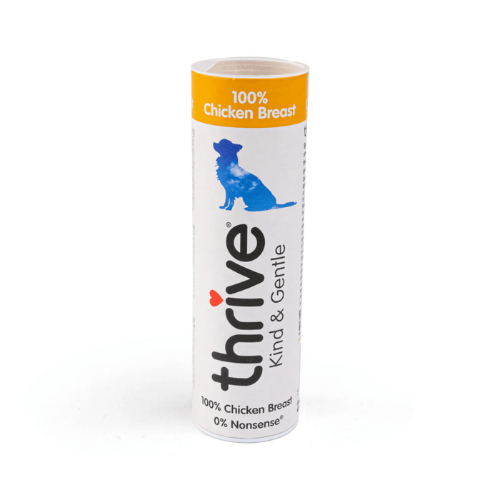 White background with a single tube of 'Thrive Kind & Gentle' dog treats, text on tube also says '100% Chicken Breast, 0% Nonsense' with a silhouette of a small dog pictured.