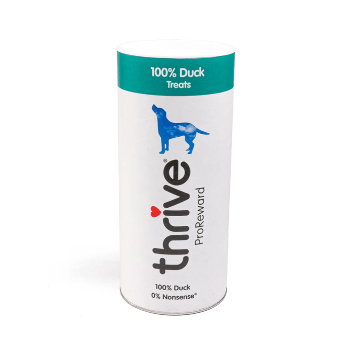 White background with a large single tube of 'Thrive ProReward' dog treats, text on tube also says '100% Duck, 0% Nonsense' with a silhouette of a large dog pictured.