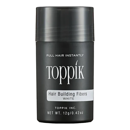 Toppik hårfiber hvit 12g i svart beholder med grått lokk