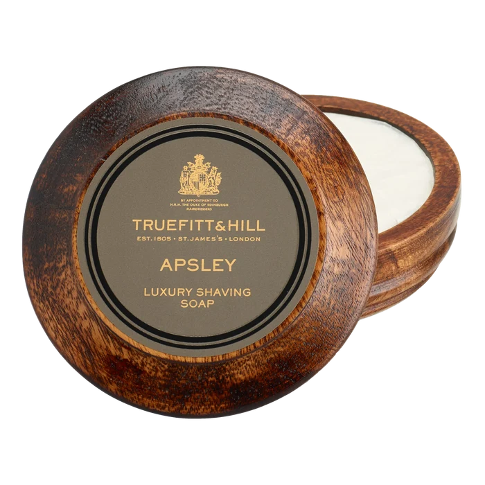 Truefitt & Hill Apsley barbersåpe i treskål med hvit såpe og gyllen etikett