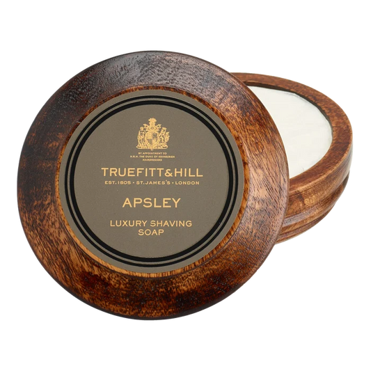 Truefitt & Hill Apsley barbersåpe i treskål med hvit såpe og gyllen etikett