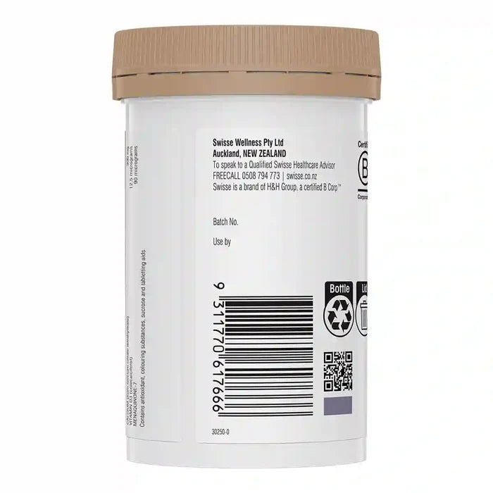 Back view of a white plastic supplement bottle with a beige cap, showing text, a barcode, and recycling symbols.