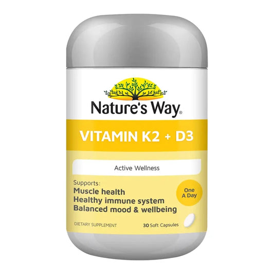 Nature's Way Vitamin K2 + D3 dietary supplement bottle with a white and yellow label.