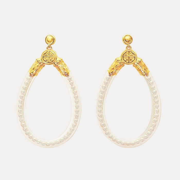 a pair of earrings with gold accents