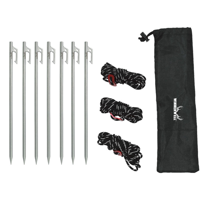 Winnerwell® guyline peg set featuring multiple metal pegs, guyline cords, and a storage pouch, neatly arranged to showcase the complete outdoor camping accessory kit.