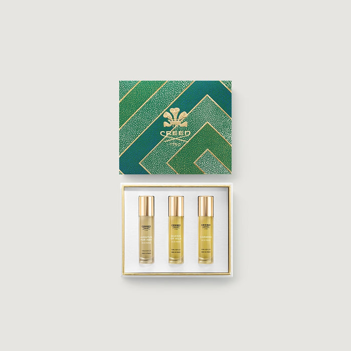 Emerald Shagreen Women's 3-Piece Discovery Set, Aventus For Her, Queen of Silk & Carmina - Flat Lay | Creed Fragrances