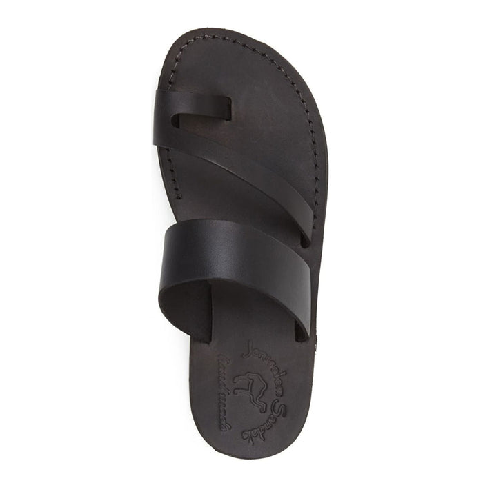 Zohar Black, handmade leather slide sandals with toe loop - side View